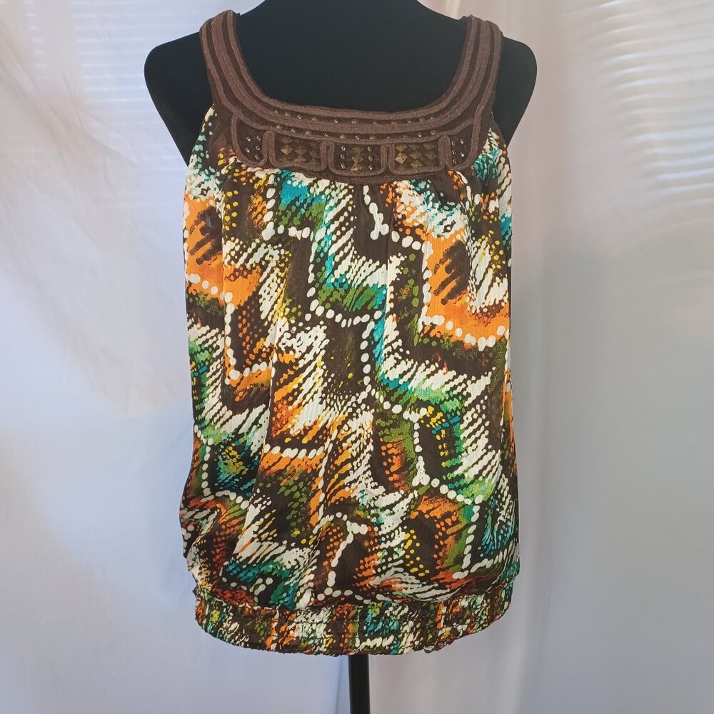 Heart Soul Multicolor Geometric Print Beaded Trim Top